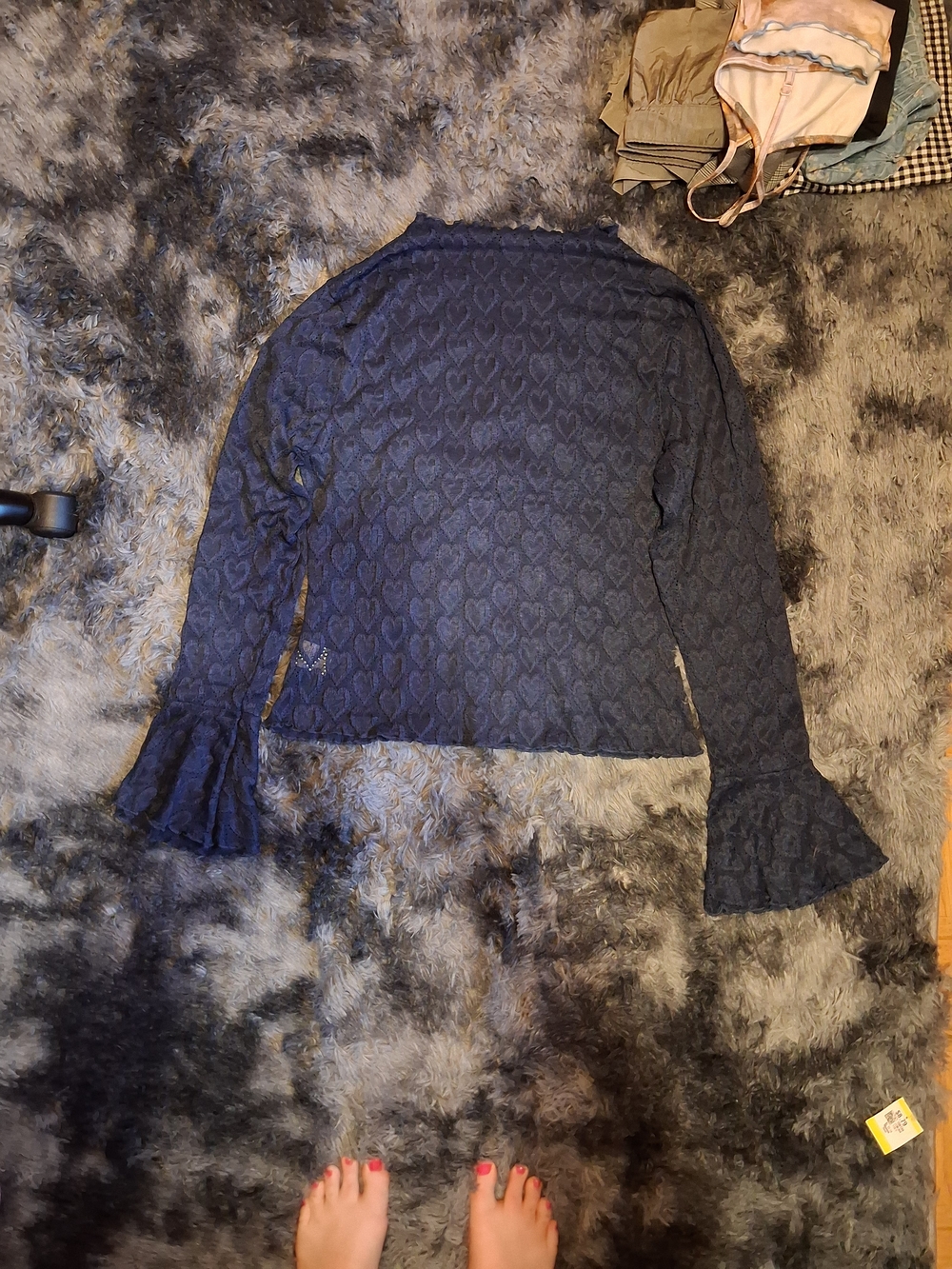 Navy Heart-Pattern Lace Long Sleeve Top with Ruffle Cuffs
